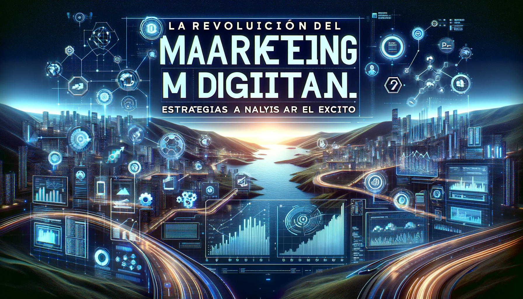 DALL·E 2024 01 11 09.52.36 Digital marketing revolution with a focus on strategies and analysis for success. The image should feature a modern digital landscape symbolizing in