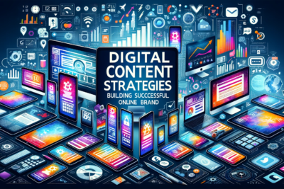 DALL·E 2024 01 12 16.25.43 Digital Content Strategies Building Successful Online Brands. The image depicts an array of digital devices like smartphones tablets and laptops di
