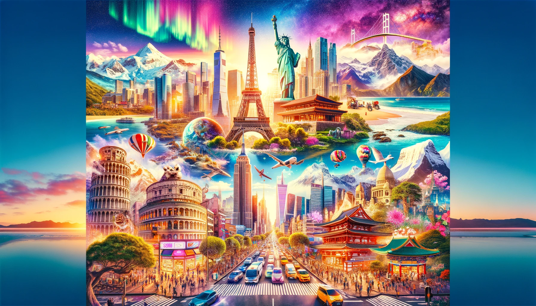 DALL·E 2024 01 22 11.57.13 A stunning collage of the worlds top travel destinations for 2024 featuring iconic landmarks. Include the Eiffel Tower in Paris Shibuya Crossing in