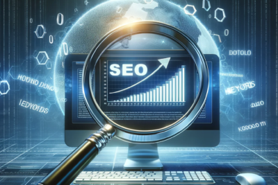 DALL·E 2024 01 24 09.57.53 A high definition image representing Search Engine Optimization SEO. The image shows a modern digital landscape with a magnifying glass hovering ov