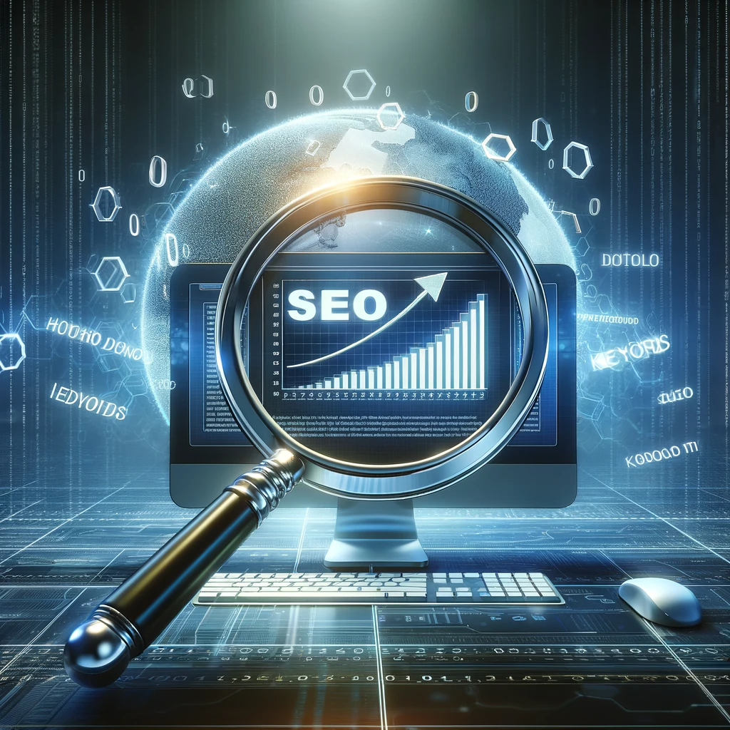DALL·E 2024 01 24 09.57.53 A high definition image representing Search Engine Optimization SEO. The image shows a modern digital landscape with a magnifying glass hovering ov